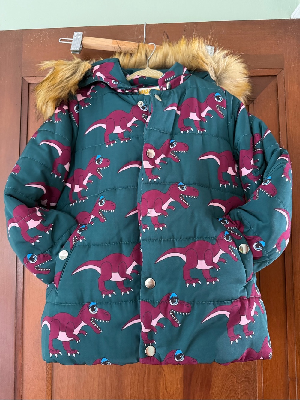 HUGO loves TIKI Teal Puffer Jacket with Maroon Dinosaur Print and Faux Fur Hood